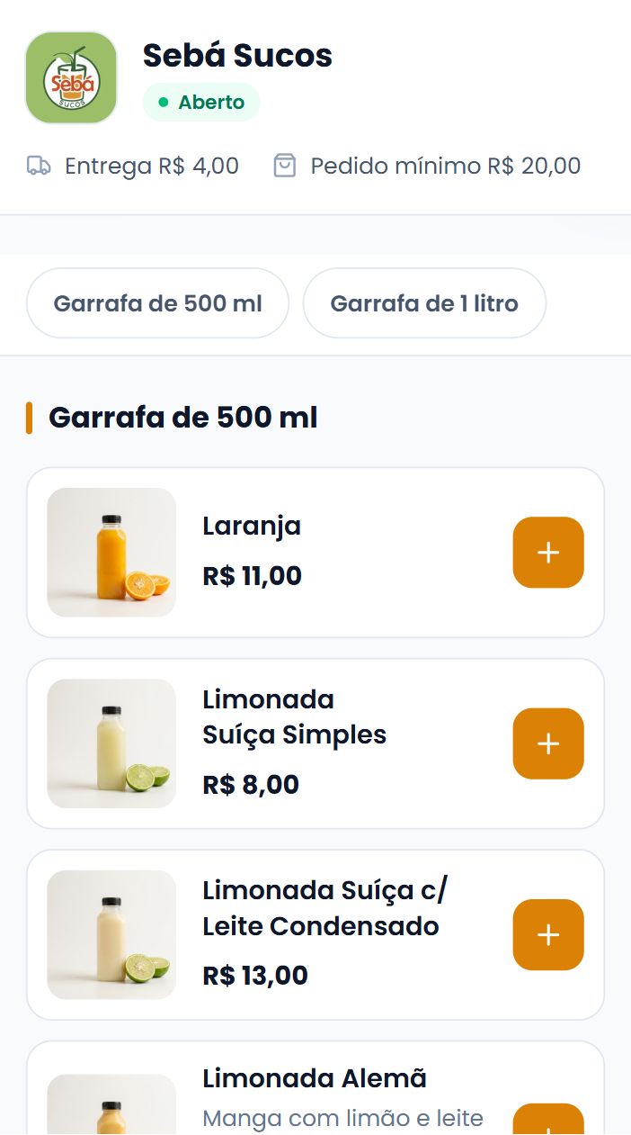 Cardápio da Sebá Sucos no celular: nome da loja, selo Aberto, taxa de entrega, pedido mínimo e os sucos em cards com foto, preço e botão de adicionar.
