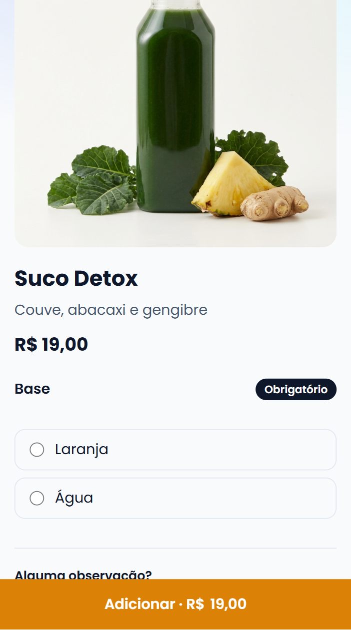 Tela de um item na Sebá Sucos: foto do suco, preço, escolha de base marcada como obrigatória, campo de observação e o botão Adicionar com o total.